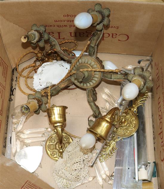 A 20th century ormolu five light electrolier, a pair of wall lights and sundries